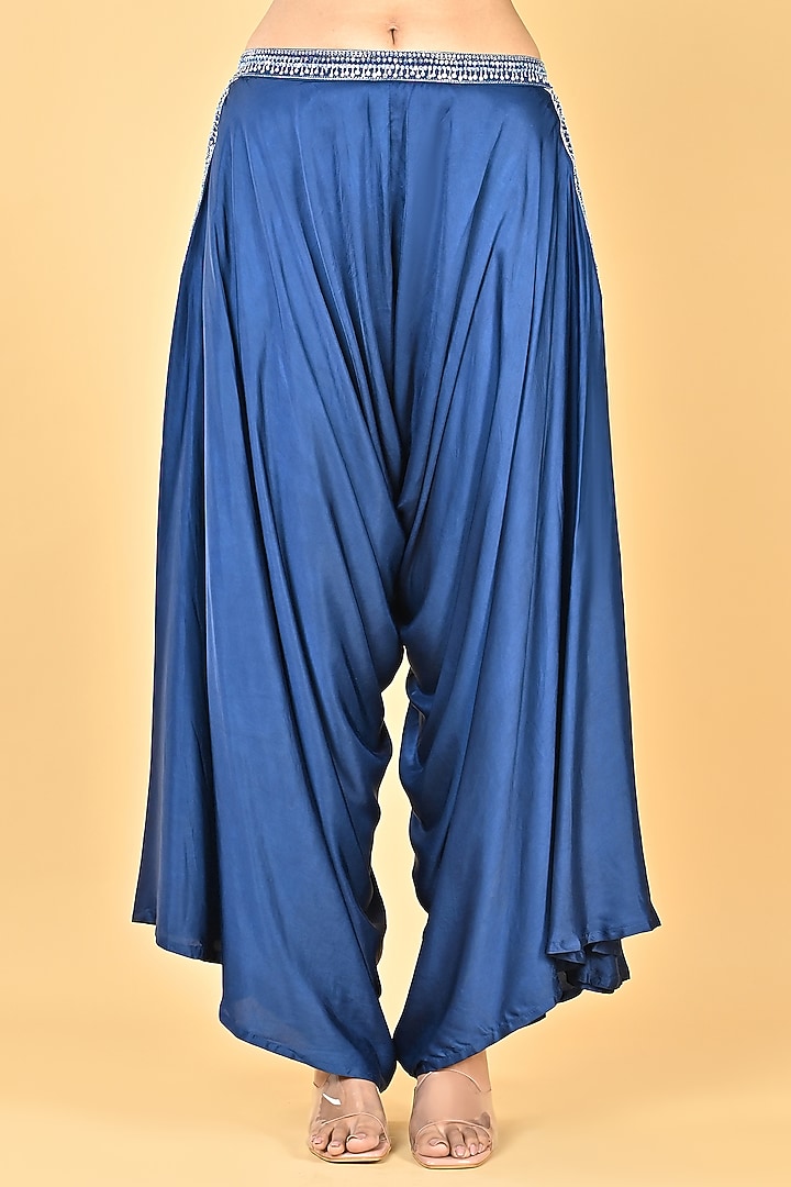 Navy Blue Satin Zari Embroidered Dhoti Set by Keith Gomes at Pernia's Pop Up Shop
