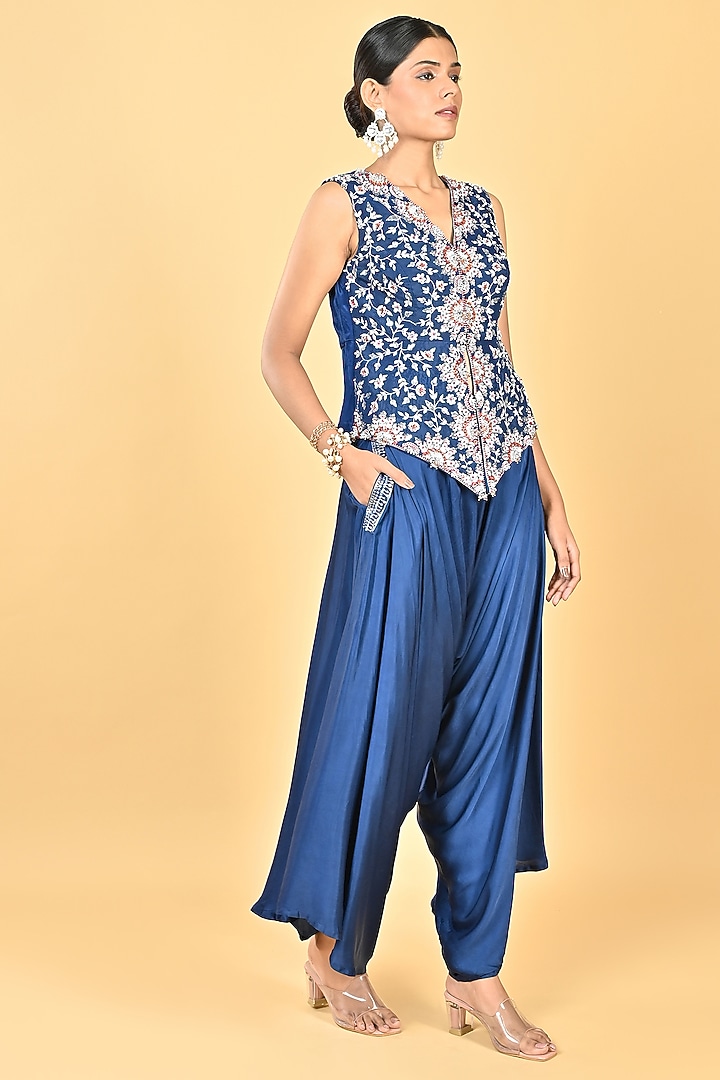 Navy Blue Satin Zari Embroidered Dhoti Set by Keith Gomes at Pernia's Pop Up Shop