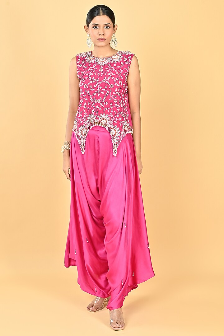 Pink Satin Zari Embellished Dhoti Set by Keith Gomes at Pernia's Pop Up Shop