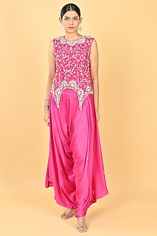 Pink Satin Zari Embellished Dhoti Set by Keith Gomes