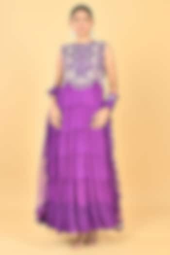 Purple Chiffon Crepe Zari Embellished Tiered Cocktail Dress With Dupatta by Keith Gomes at Pernia's Pop Up Shop