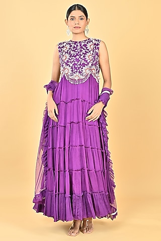 Purple Chiffon Crepe Zari Embellished Tiered Dress With Dupatta by Keith Gomes