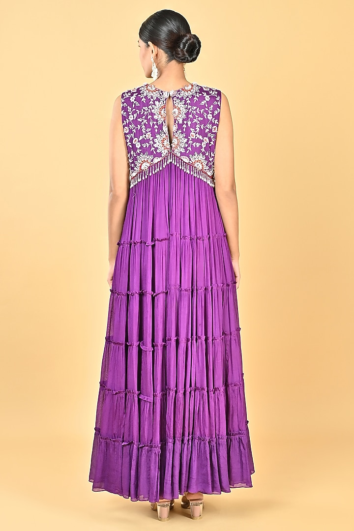 Purple Chiffon Crepe Zari Embellished Tiered Cocktail Dress With Dupatta by Keith Gomes at Pernia's Pop Up Shop