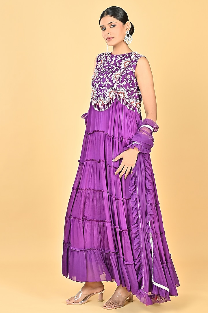 Purple Chiffon Crepe Zari Embellished Tiered Cocktail Dress With Dupatta by Keith Gomes at Pernia's Pop Up Shop