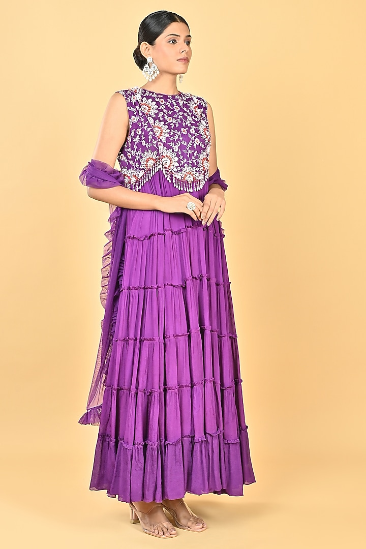Purple Chiffon Crepe Zari Embellished Tiered Cocktail Dress With Dupatta by Keith Gomes at Pernia's Pop Up Shop