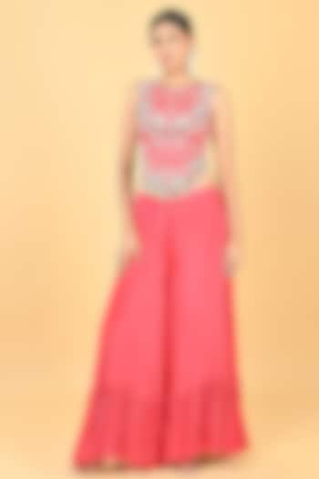 Red Chiffon Crepe Zari Embellished Palazzo Pant Set by Keith Gomes at Pernia's Pop Up Shop