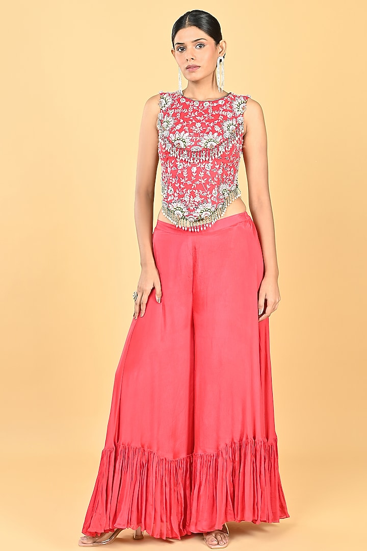 Red Chiffon Crepe Zari Embellished Palazzo Pant Set by Keith Gomes at Pernia's Pop Up Shop