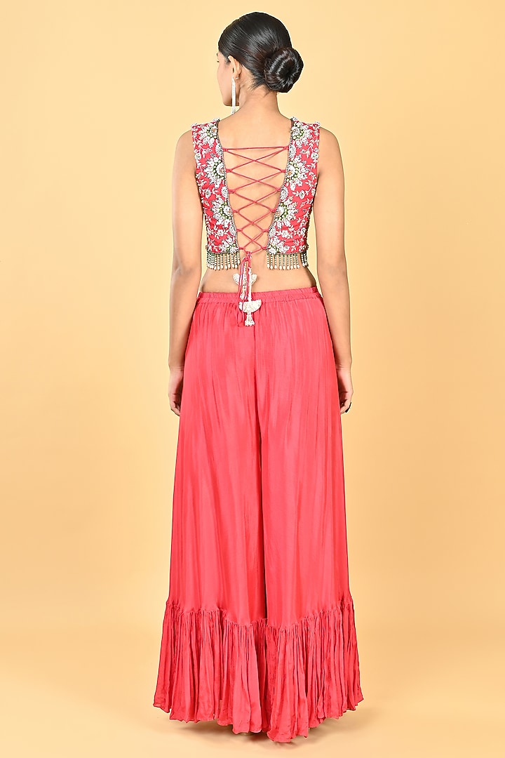 Red Chiffon Crepe Zari Embellished Palazzo Pant Set by Keith Gomes at Pernia's Pop Up Shop