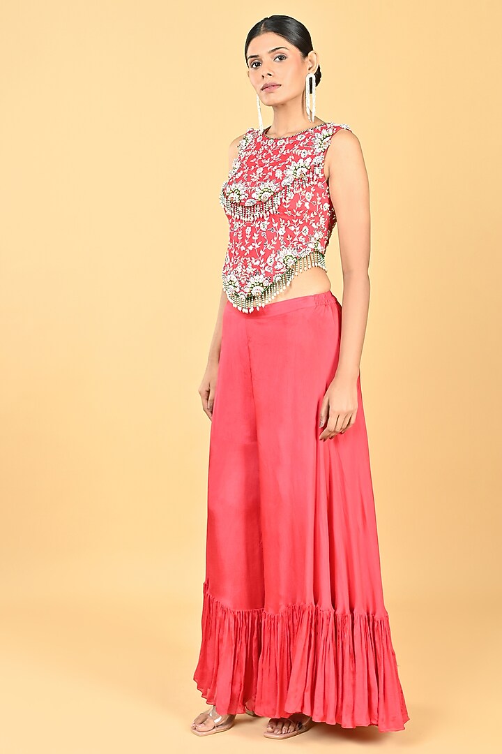 Red Chiffon Crepe Zari Embellished Palazzo Pant Set by Keith Gomes at Pernia's Pop Up Shop