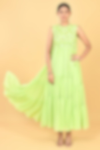 Pista Green Georgette Sequins Embellished Tiered Vacation Dress by Keith Gomes at Pernia's Pop Up Shop