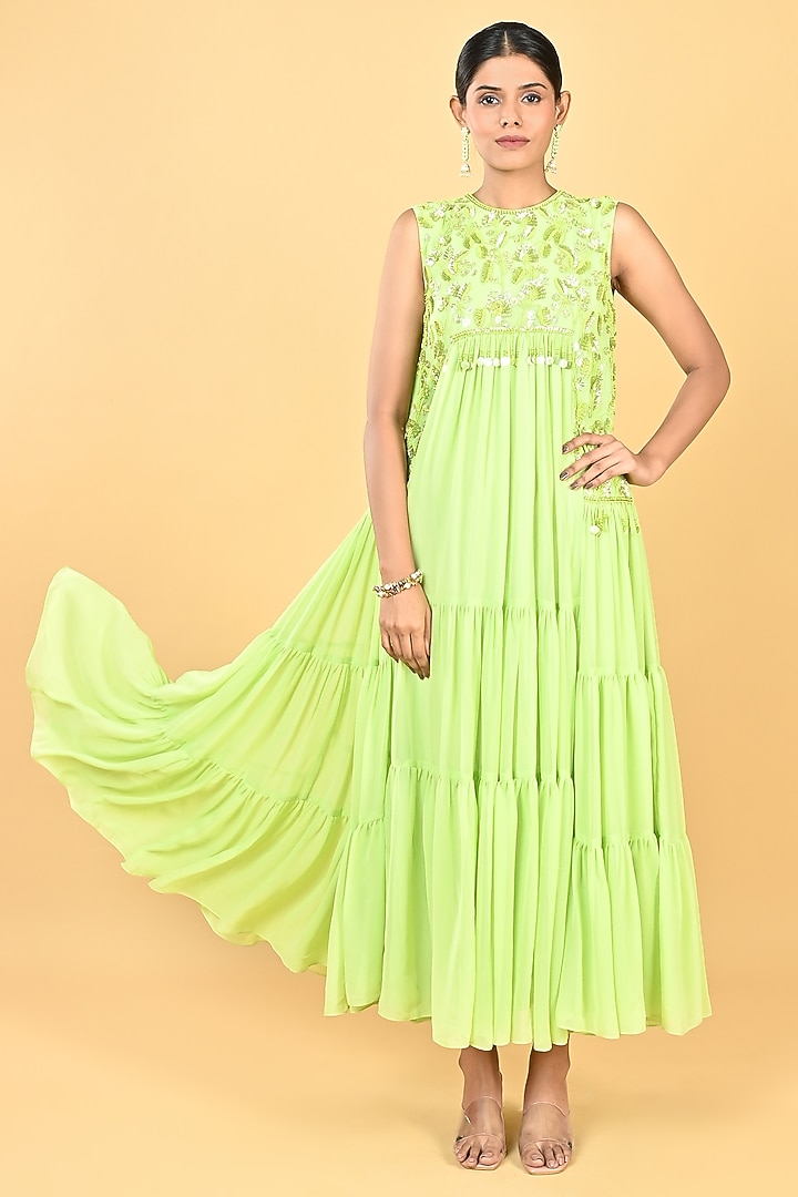 Pista Green Georgette Sequins Embellished Tiered Vacation Dress by Keith Gomes at Pernia's Pop Up Shop