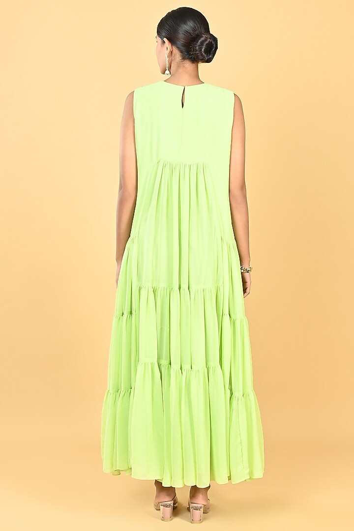 Pista Green Georgette Sequins Embellished Tiered Vacation Dress by Keith Gomes at Pernia's Pop Up Shop