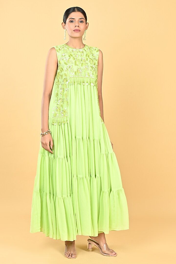 Pista Green Georgette Sequins Embellished Tiered Vacation Dress by Keith Gomes at Pernia's Pop Up Shop