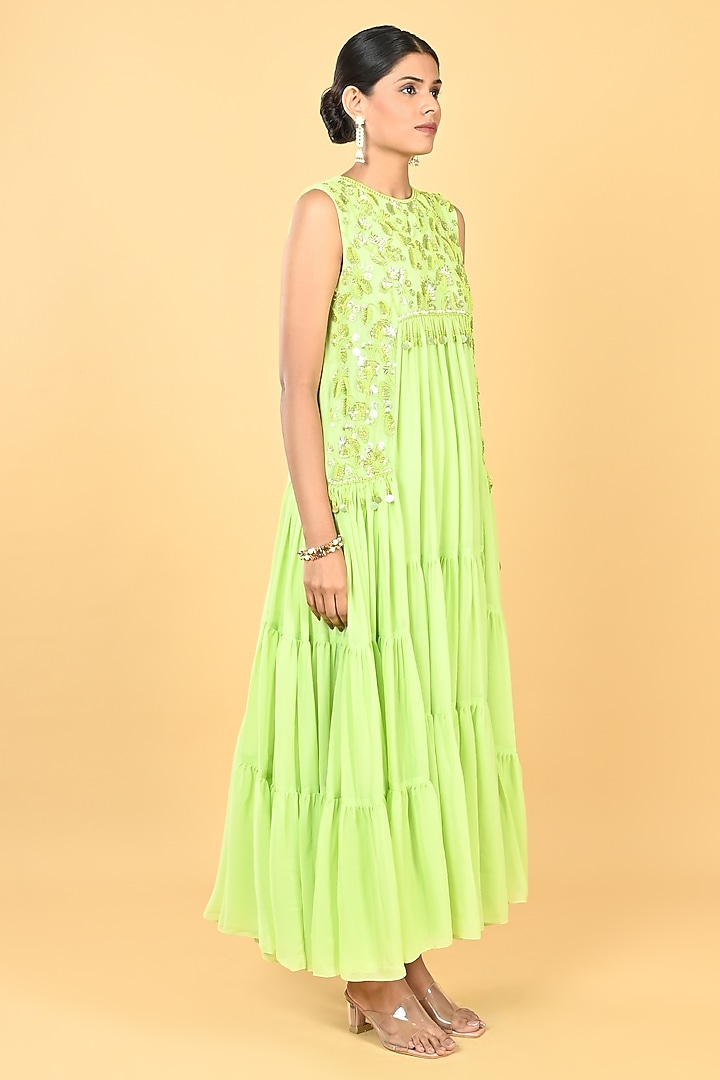 Pista Green Georgette Sequins Embellished Tiered Vacation Dress by Keith Gomes at Pernia's Pop Up Shop