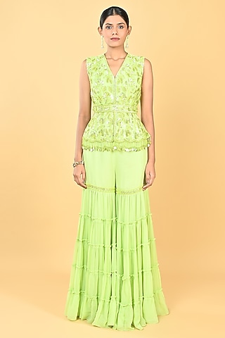 Pista Green Georgette Sequins Embellished Tiered Gharara Set by Keith Gomes