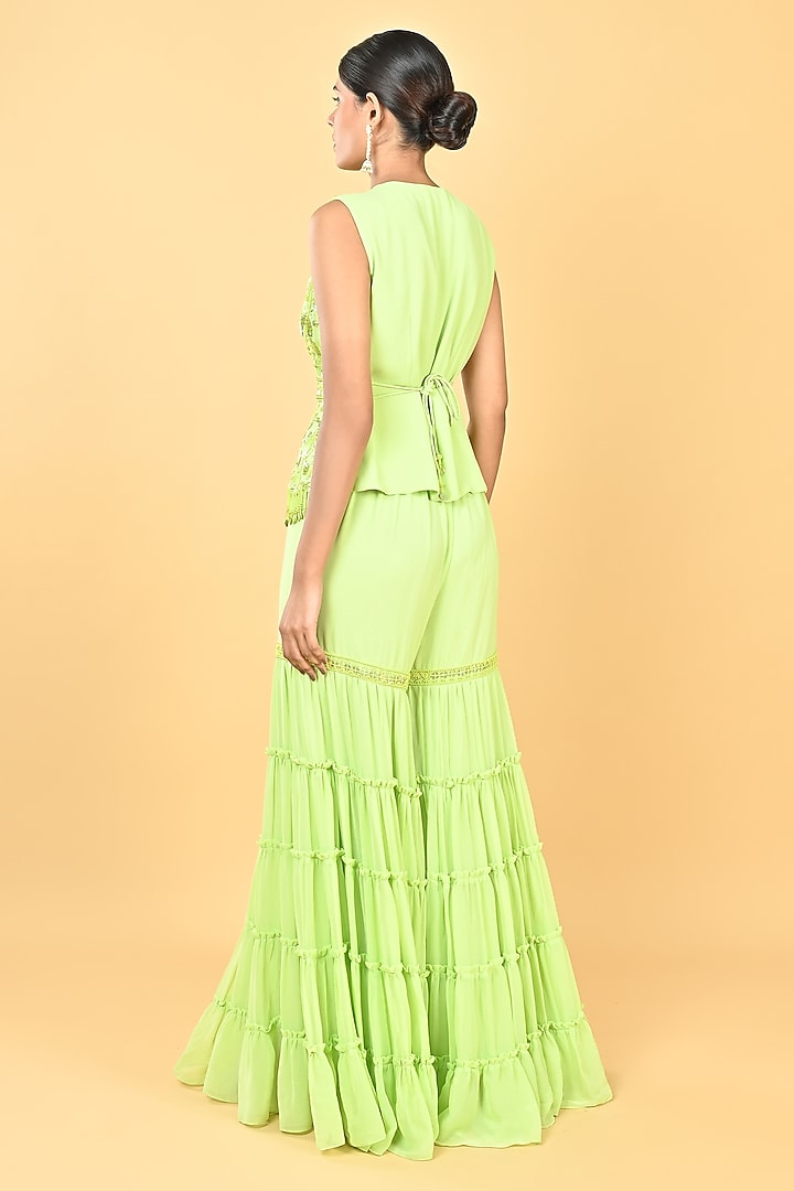 Pista Green Georgette Sequins Embellished Tiered Gharara Set by Keith Gomes at Pernia's Pop Up Shop