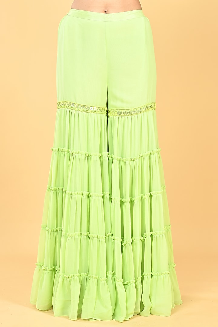 Pista Green Georgette Sequins Embellished Tiered Gharara Set by Keith Gomes at Pernia's Pop Up Shop