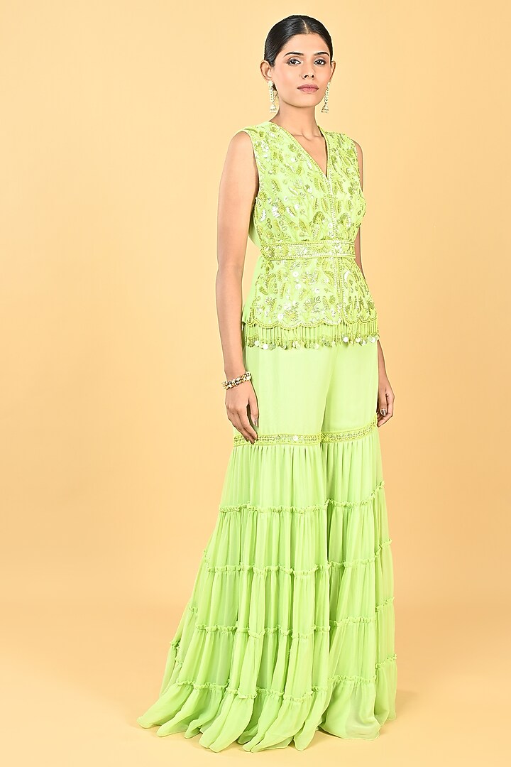 Pista Green Georgette Sequins Embellished Tiered Gharara Set by Keith Gomes at Pernia's Pop Up Shop