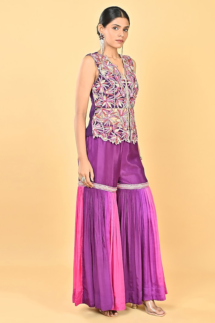 Purple Ombre Chiffon Crepe Embroidered Gharara Set by Keith Gomes at Pernia's Pop Up Shop