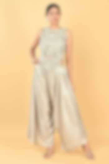 Dull Gold Foil Crepe Cutwork Embroidered Dhoti Set by Keith Gomes at Pernia's Pop Up Shop