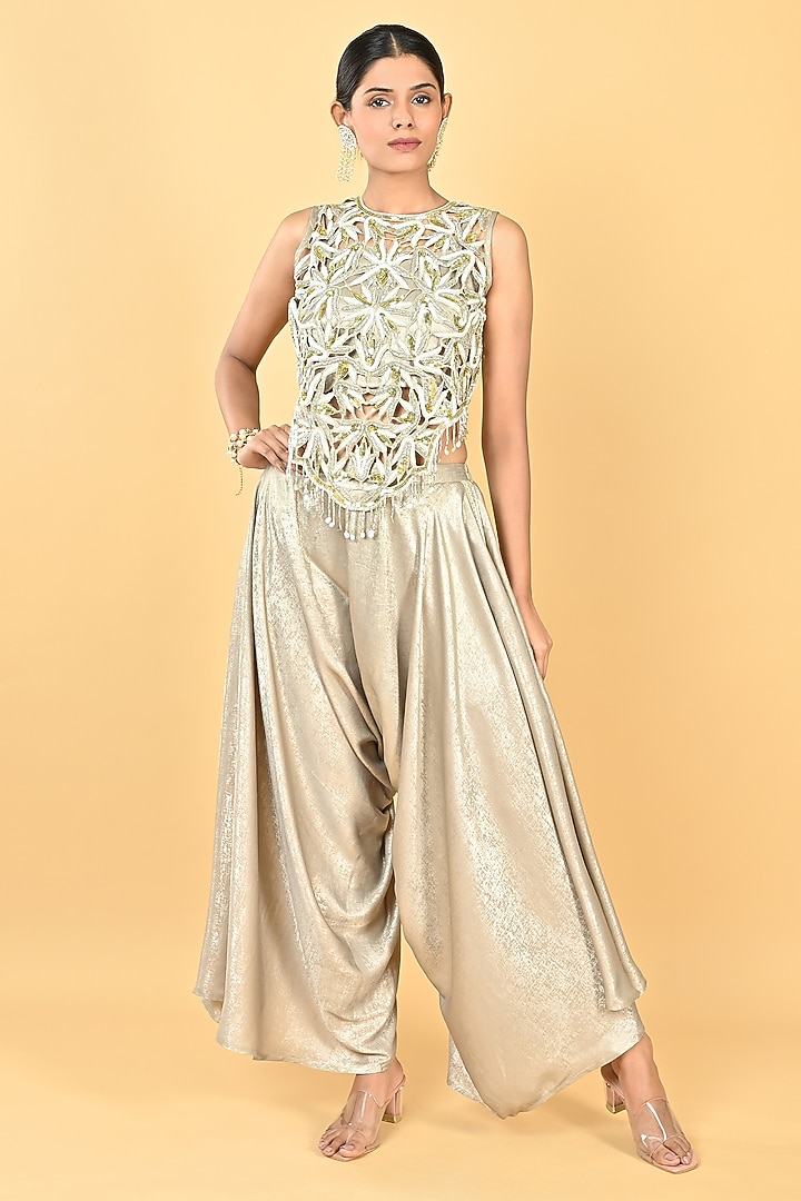 Dull Gold Foil Crepe Cutwork Embroidered Dhoti Set by Keith Gomes at Pernia's Pop Up Shop