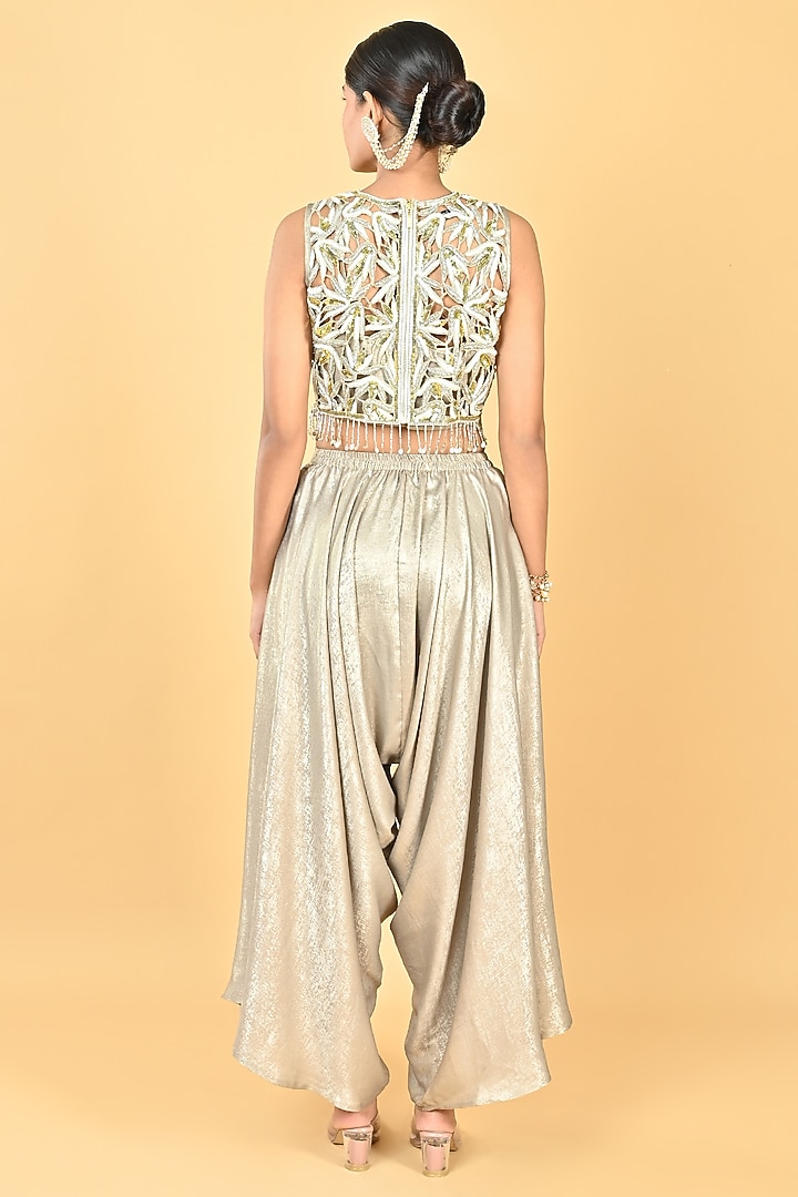 Dull Gold Foil Crepe Cutwork Embroidered Dhoti Set by Keith Gomes at Pernia's Pop Up Shop