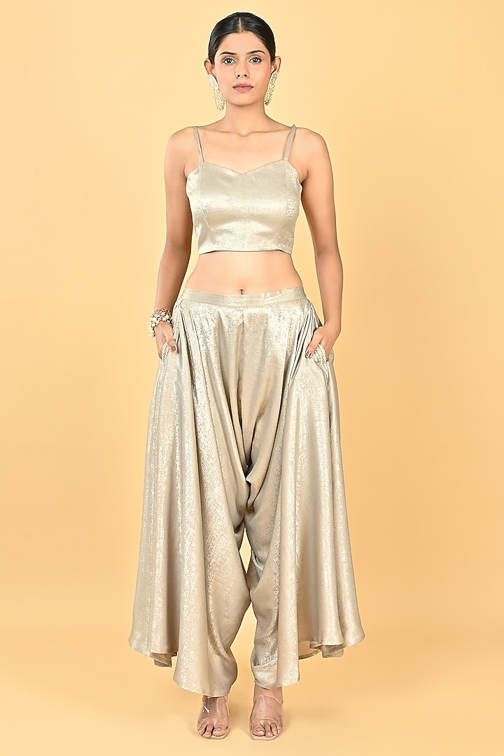 Dull Gold Foil Crepe Cutwork Embroidered Dhoti Set by Keith Gomes at Pernia's Pop Up Shop