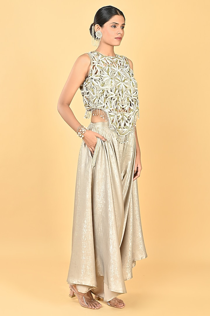 Dull Gold Foil Crepe Cutwork Embroidered Dhoti Set by Keith Gomes at Pernia's Pop Up Shop