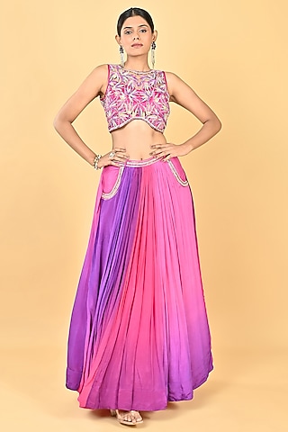 Purple Ombre Chiffon Crepe Embroidered Lehenga Set by Keith Gomes