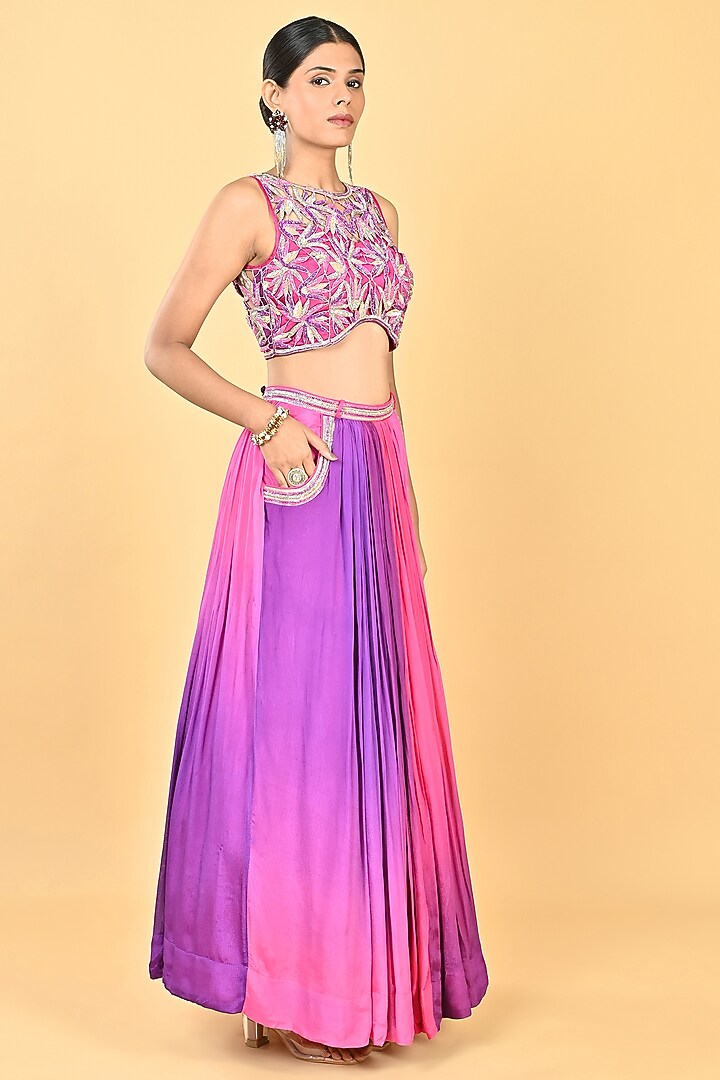 Purple Ombre Chiffon Crepe Embroidered Wedding Lehenga Set by Keith Gomes at Pernia's Pop Up Shop