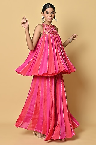 Pink & Red Chiffon Crepe Cutwork Embroidered Tunic Set by Keith Gomes