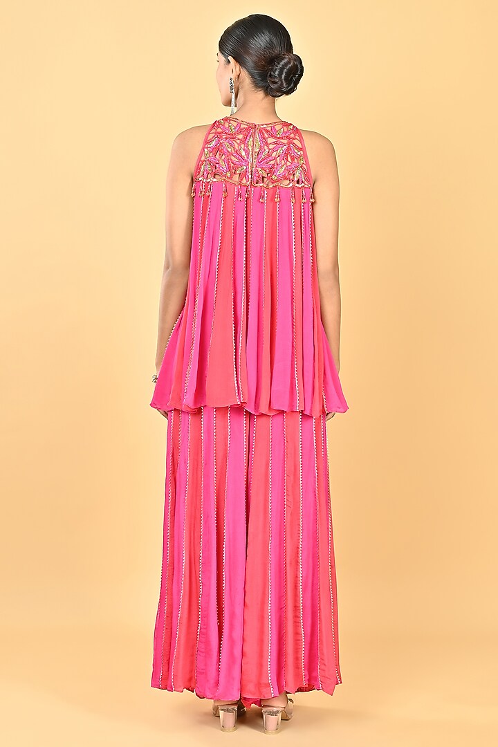 Pink & Red Chiffon Crepe Cutwork Embroidered Tunic Set by Keith Gomes at Pernia's Pop Up Shop