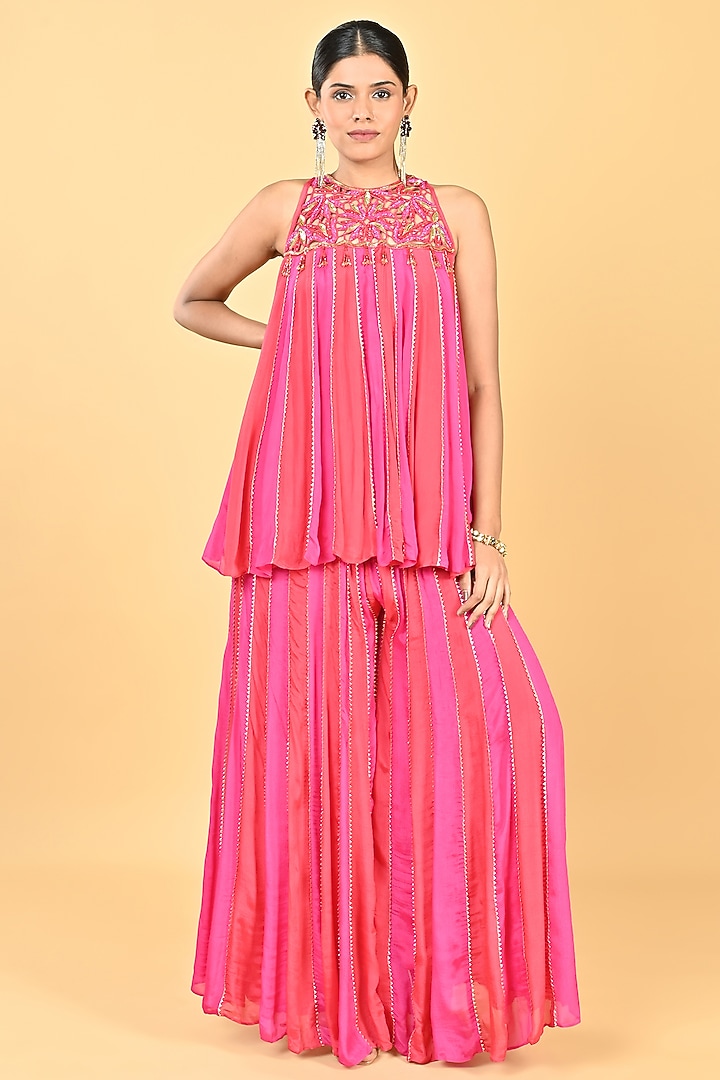 Pink & Red Chiffon Crepe Cutwork Embroidered Tunic Set by Keith Gomes at Pernia's Pop Up Shop