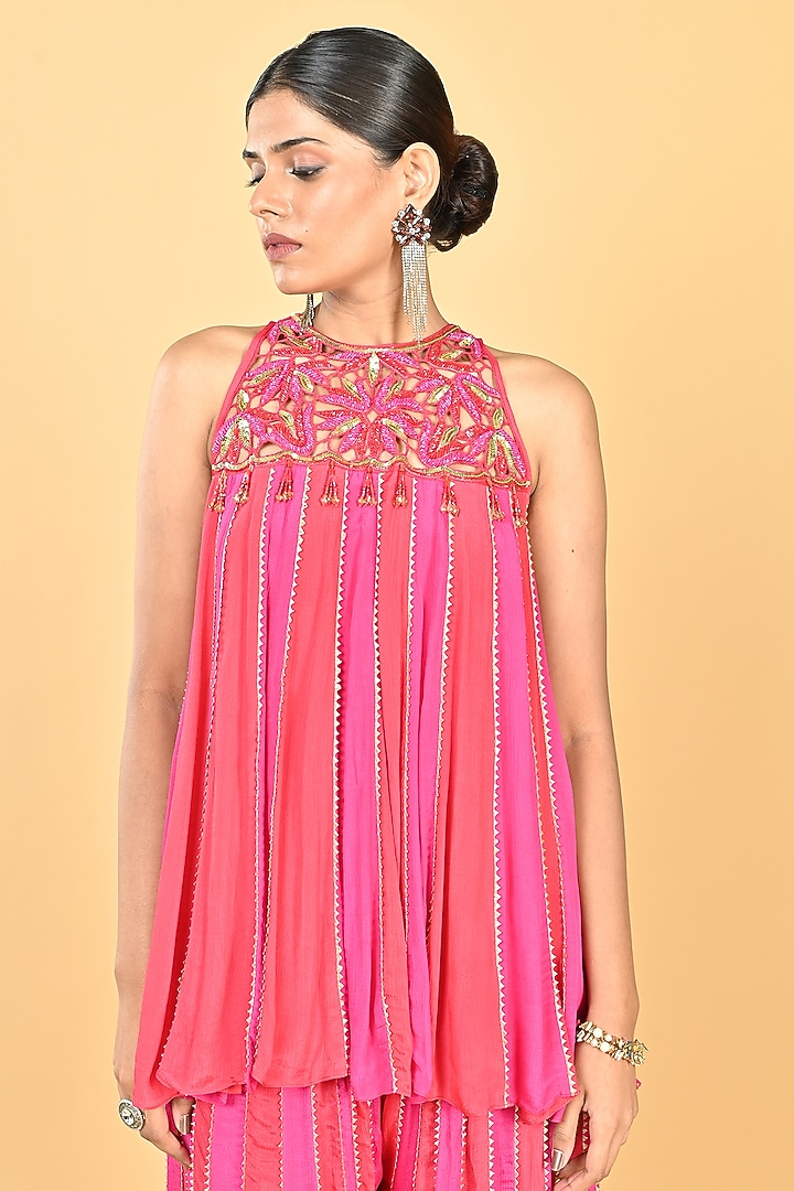 Pink & Red Chiffon Crepe Cutwork Embroidered Tunic Set by Keith Gomes at Pernia's Pop Up Shop