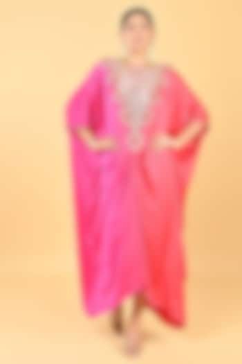 Pink & Red Satin Floral Embellished Ombre Kaftan by Keith Gomes at Pernia's Pop Up Shop
