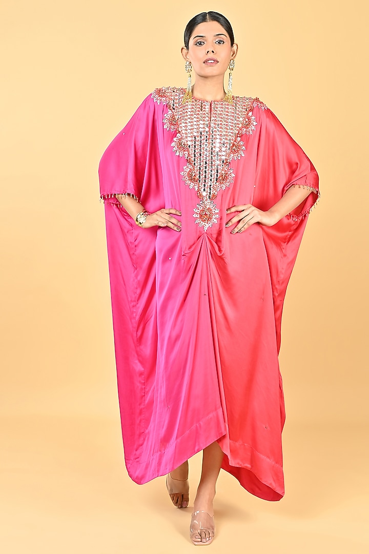 Pink & Red Satin Floral Embellished Ombre Kaftan by Keith Gomes at Pernia's Pop Up Shop