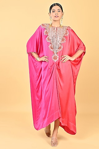 Pink & Red Satin Floral Embellished Ombre Kaftan by Keith Gomes