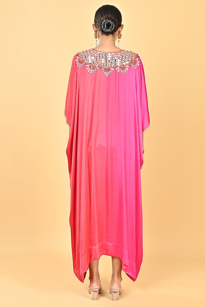 Pink & Red Satin Floral Embellished Ombre Kaftan by Keith Gomes at Pernia's Pop Up Shop