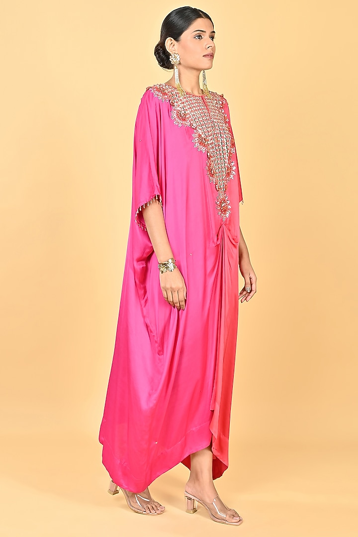 Pink & Red Satin Floral Embellished Ombre Kaftan by Keith Gomes at Pernia's Pop Up Shop