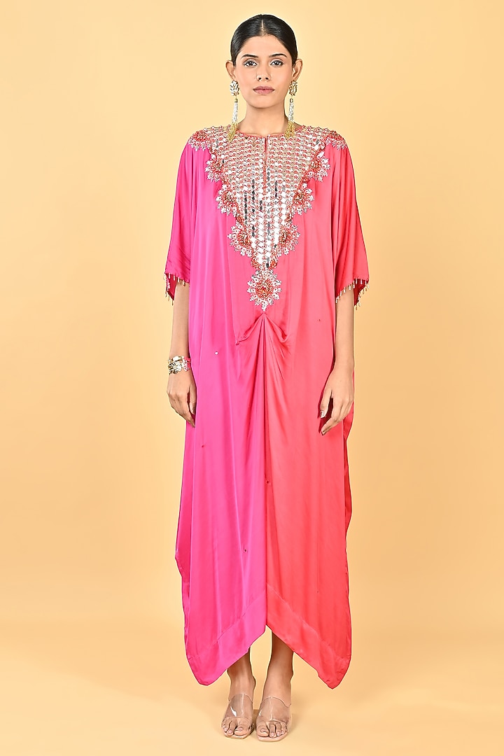 Pink & Red Satin Floral Embellished Ombre Kaftan by Keith Gomes at Pernia's Pop Up Shop