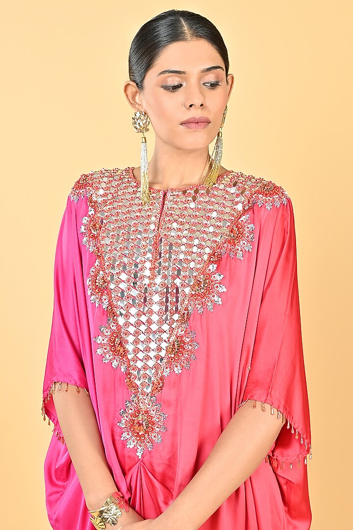 Pink & Red Satin Floral Embellished Ombre Kaftan by Keith Gomes at Pernia's Pop Up Shop