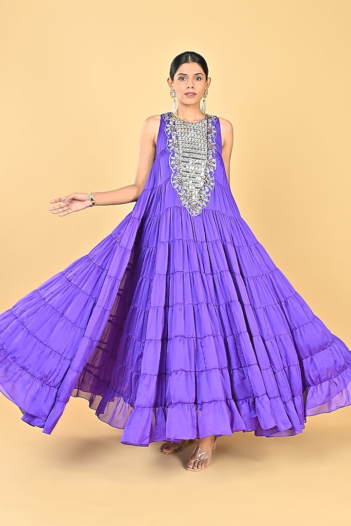 Bright Purple Georgette Zari Embellished Tiered Cocktail Dress by Keith Gomes at Pernia's Pop Up Shop