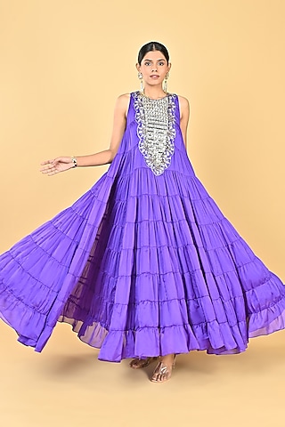 Bright Purple Georgette Zari Embellished Tiered Dress by Keith Gomes