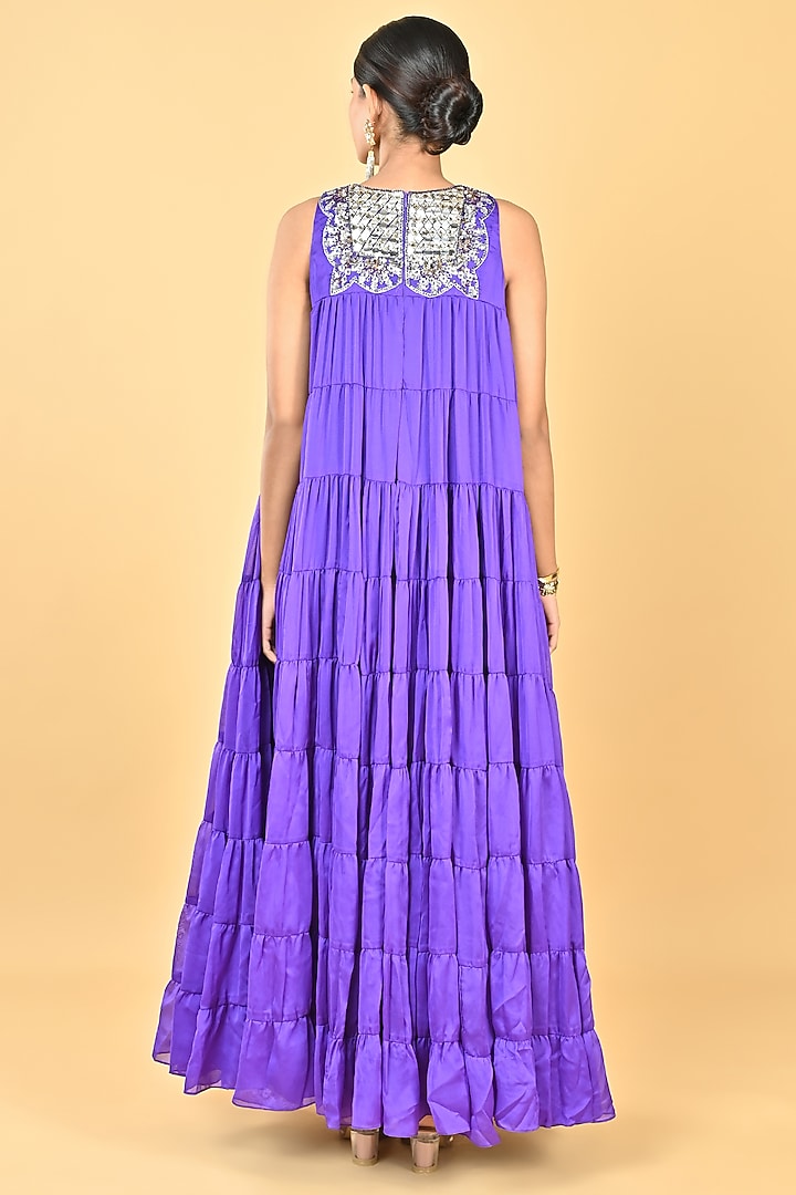 Bright Purple Georgette Zari Embellished Tiered Cocktail Dress by Keith Gomes at Pernia's Pop Up Shop