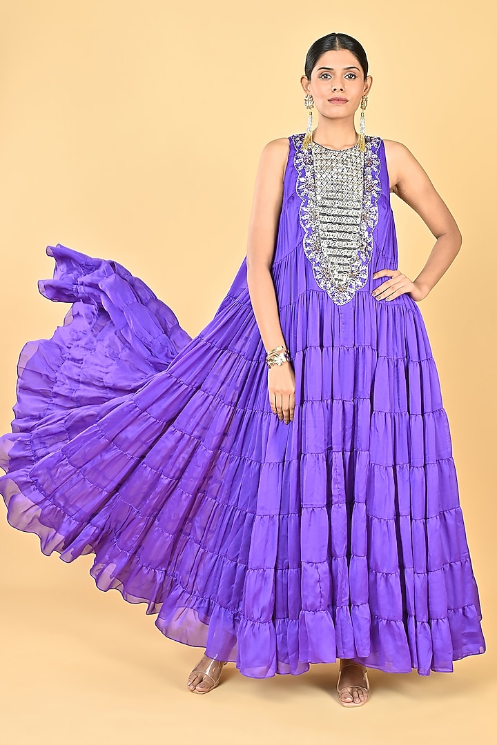 Bright Purple Georgette Zari Embellished Tiered Cocktail Dress by Keith Gomes at Pernia's Pop Up Shop