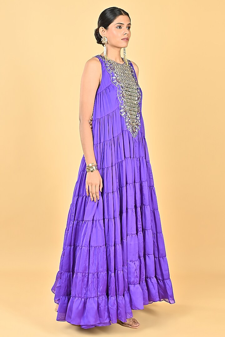 Bright Purple Georgette Zari Embellished Tiered Cocktail Dress by Keith Gomes at Pernia's Pop Up Shop