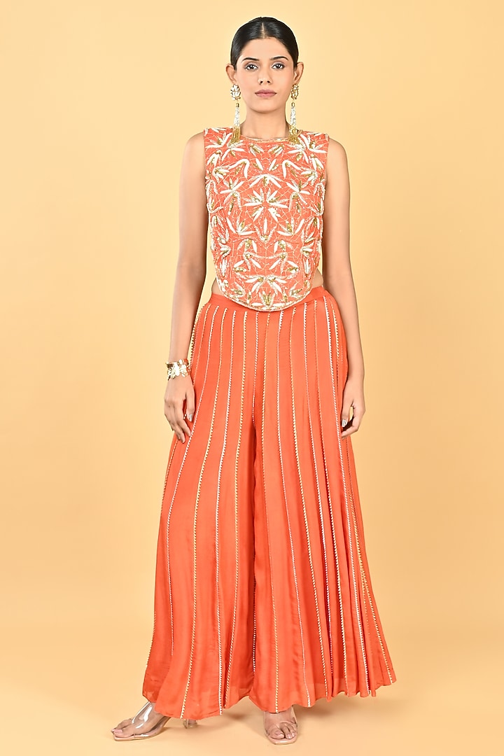 Rust Orange Chiffon Crepe Cutwork Embroidered Palazzo Pant Set by Keith Gomes at Pernia's Pop Up Shop