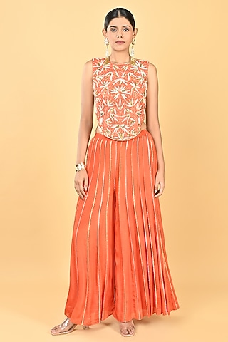 Rust Orange Chiffon Crepe Cutwork Embroidered Palazzo Pant Set by Keith Gomes