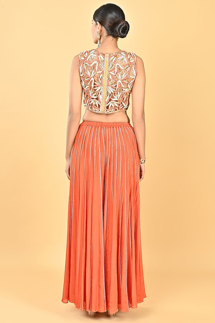 Rust Orange Chiffon Crepe Cutwork Embroidered Palazzo Pant Set by Keith Gomes at Pernia's Pop Up Shop