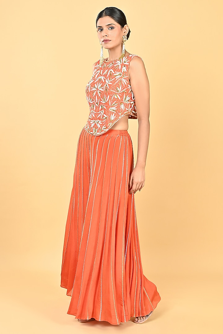 Rust Orange Chiffon Crepe Cutwork Embroidered Palazzo Pant Set by Keith Gomes at Pernia's Pop Up Shop